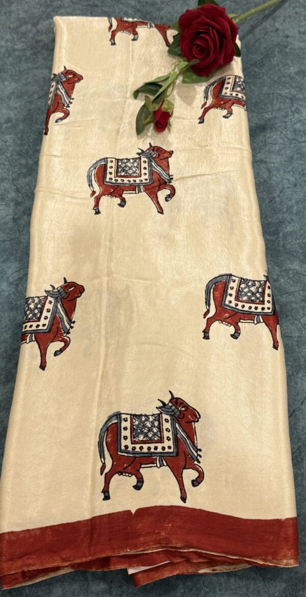 Royal Bull Motif Handcrafted Silk Saree – Ivory Gold with Rust Red Border